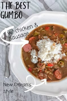 soup in bowl with text at top Chicken Gumbo Recipe Louisiana, Chicken Ettouffe Recipe, Chicken And Sausage Gumbo With Okra, Chicken And Sausage Gumbo Recipe Easy, Chicken And Andouille Gumbo, Chicken Repices, Louisiana Gumbo Recipe, Creole Chicken And Sausage, Gumbo Video