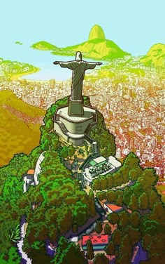 an image of the statue of christ on top of a hill with trees and buildings in the background