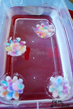 two plastic trays filled with red liquid and flowers on the bottom one is empty