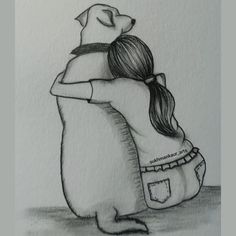 a drawing of a woman hugging a dog with her head on the back of it