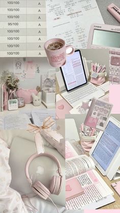 a collage of pink and white items including headphones, notebooks, books, and computer