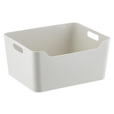 a white plastic storage bin with handles on an isolated white background for product display purposes