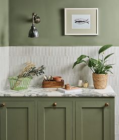 a kitchen with green cabinets and plants on the counter