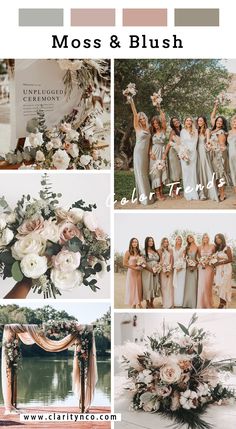 a collage of photos with flowers and greenery on them, including the bridesmaid's bouquets