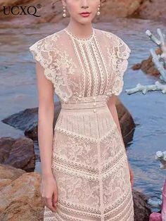 Buy Sweet Long Pleated Lace Embroidery Dress exclusively at GUOCALI Mid Length Lace Dress, Mens Undershirts, Romantic Fashion, فستان سهرة, Blazer Outfits, Men's Coats And Jackets, Blazer Dress, Mens Swimwear, Sweater And Shorts