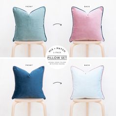 four different colored pillows sitting on top of a wooden chair with the names below them