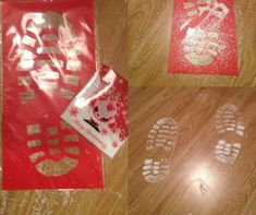 three red bags with white designs on them sitting on top of a wooden floor next to each other