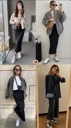 Business With Sneakers Outfit, Business Outfits Women Sneakers, Paris Fall Outfits Sneakers, Sneakers Outfit Work Summer, Blazer Skirt Sneakers Outfit, Sambas Fall Outfits, Black Maxi Skirt Fall Outfit, How To Wear Adidas Samba, Samba Work Outfit