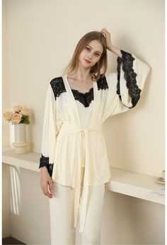 yellow color Sexy Modal Lace Backless Pajama Robe Set Elegant V-neck Sleepwear For Relaxation, Modal Satin V-neck Sleepwear For Loungewear, Elegant Spring Sleepwear For Night, Elegant Spring Sleepwear, Elegant Summer Sleepwear For Loungewear, Elegant Summer Loungewear Sleepwear, Elegant Beige Nightgown For Sleep, Elegant Cream Sleepwear For Loungewear, Elegant Summer Sleepwear For Lounging