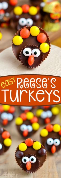 easy reese's turkeys cupcakes with chocolate frosting and candy eyes