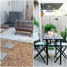 an outdoor table and chairs are shown in two different pictures, one is made out of wood