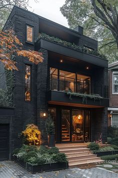 a large black house with lots of windows and plants on the front porch, along with steps leading up to it