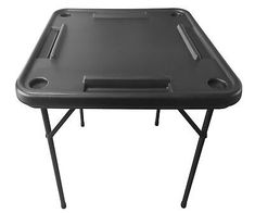 a black plastic table with two legs and a tray on the top that is attached to it