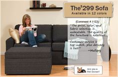 a woman sitting on a couch reading a book with the caption, the 299 sofa available in 12 colors