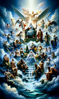 the ascension of jesus in heaven with angels and other people on clouds above him,