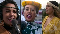 four women wearing headphones and singing into microphones in front of an outdoor setting