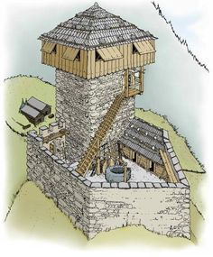 a drawing of a building made out of stone and wood with stairs leading up to the roof