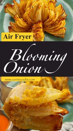 air fryer blooining onion on a plate with the title above it