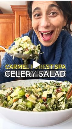 a woman is smiling while holding a spoon with food in her hand and the words carmel rest spa celery salad on it