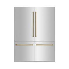 a stainless steel refrigerator freezer with two doors and gold trimming on the handles