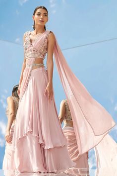 Buy Mandira Wirk Pink Pre-draped Lehenga Saree Online | Aza Fashions Draped Lehenga, Mandira Wirk, Drape Lehenga, Desi Fits, Indian Outfits Lehenga, Multicolor Sequins, Ruffle Saree, Saree For Women, Drape Saree