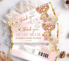 two baby shower candy bar wrappers with teddy bears on them and gold foil lettering