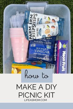 a plastic container filled with snacks and drinks on top of grass next to the words how to make a diy picnic kit