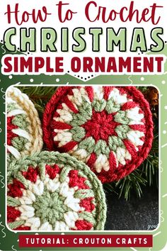 Crochet super simple but colorful ornaments perfect for beginners, with this quick 20-minute project. These decorations consist of two round medallions, each only four rounds, then joined together.  You’ll need yarn in three colors, an H-size crochet hook, and familiarity with basic stitches. Crochet Christmas Coasters Free Patterns, Hexagon Crochet Pattern, Xmas Crochet, Hexagon Crochet, Crochet Hat Tutorial, Simple Ornaments, Colorful Ornaments, Crochet Holiday