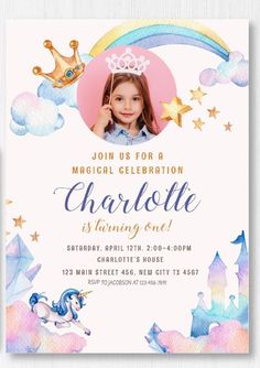 Kids Birthday Invitation Card, Unicorn Party Invitation, Unicorn Invite, Make Birthday Invitations, Birthday Party Unicorn, Princess Birthday Party Invitations, Happy Birthday Floral, Birthday Invitation Card Template, Unicorn Party Invites