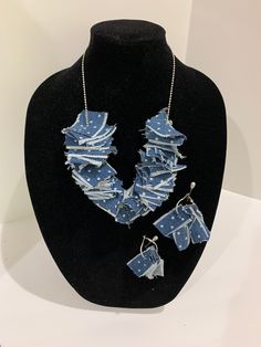 "denim necklace,distressed denim,upcycled necklace,custom earrings,fringe necklace,fringe earrings,denim earrings distressed denim frayed necklace with matching earrings.. soft and comfy to wear.. and can be won in many ways, just move the denim pieces around for a fuller look. add beads or charms etc.. this set is ### SOLD ### but I can make one similar Be the first to own one of our custom,denim fabric necklaces. So soft and comfy! make a fashion statement.. You're guaranteed to attract attent Jean Earrings Diy, Fringe Scarf Crochet, Jean Earrings, Upcycled Necklace, Denim Necklace, Upcycled Items, Fabric Necklaces, Denim Earrings, Diy Jewellery Designs