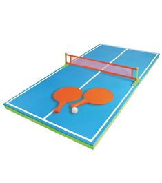 a ping pong table with an orange racket and ball on it, against a white background