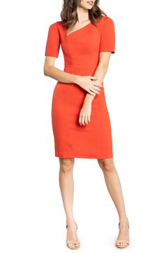 Step away, stylistically, from the standard sheath dress and stand out in this version, which makes an artful statement with its off-center neckline. 44 1/2" length (size Medium) Hidden back-zip closure Asymmetric square neck Short sleeves Lined 97% polyester, 3% spandex Dry clean or machine wash, line dry Imported Sheath Dresses, Bias Cut Skirt, Nurse Uniform, Square Neck Dress, Dresses Xxl, Dress The Population, Work Outfits Women, Nordstrom Dresses, Fit And Flare Dress