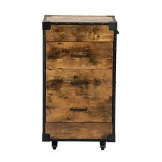 an old wooden chest with metal handles and drawers on wheels, against a white background