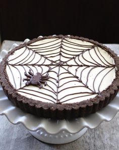 a chocolate spider web cake on a white plate with a brown spiderweave decoration