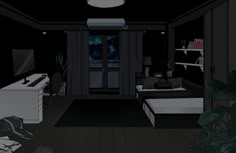 a dark room with two beds and a desk