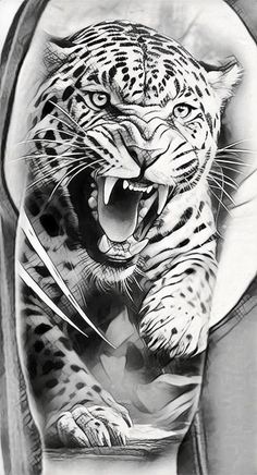 a black and white photo of a tiger with its mouth open