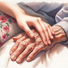 an older woman holding the hand of a younger person on top of a bed with pink flowers