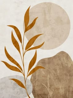 an abstract painting with leaves and rocks in the foreground, against a white background