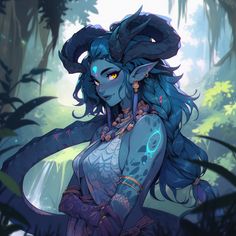 a woman with blue hair and horns standing in the woods