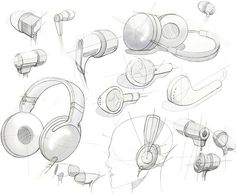 sketches of headphones and other electronic devices are shown in this image, including one that appears to be sketched