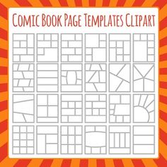 the comic book page templates clipart is shown on an orange background with sunburst