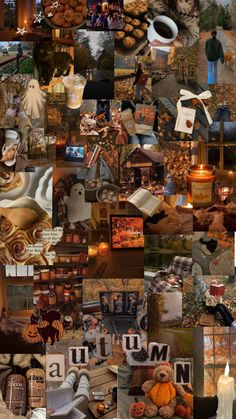 a collage of many different pictures including books, candles and pumpkins