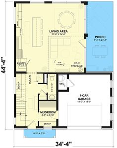 the floor plan for a two story house with an attached garage and living room area