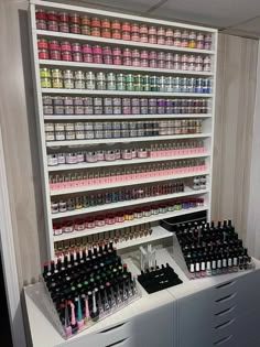 Statement Room Decor, Acrylic Nail Desk Setup, Mini Nail Studio Ideas, Nails Salon Organization Ideas, Nail Salon Vision Board, Nail Technician Vision Board, Nail Supply Organization Ideas At Home, Gel Nail Organization Ideas