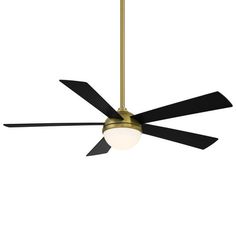 a ceiling fan with two black blades and a white light on it's side