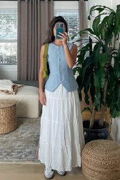 Casual Teacher Outfits Summer, Aesthetic Teacher Outfit, Aesthetic Teacher, Modern Feminine Style, Summer Teacher Outfits, Blue Vest, Twin Outfits, Thrifted Outfits, Soft Feminine