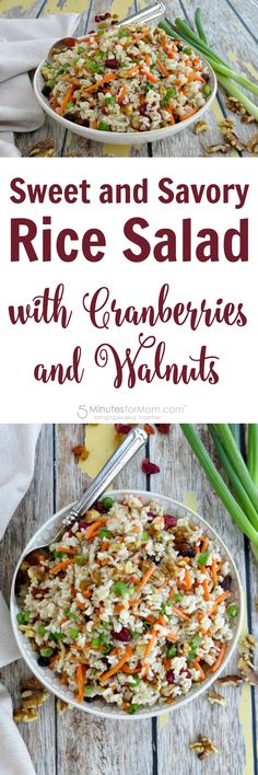 rice salad with cranberries and walnuts in a bowl on a wooden table