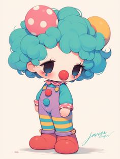 a drawing of a clown with blue hair and polka dots on her head, holding balloons