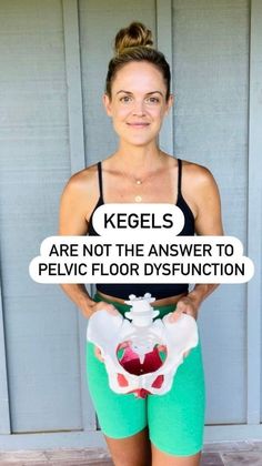 a woman in green shorts and black tank top holding an object with the words kegel's are not the answer to pel