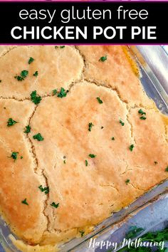 a chicken pot pie in a baking dish with parsley sprinkled on top